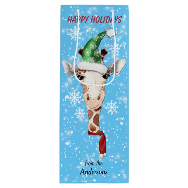 Santa Hat Giraffe Snowflake Blue Wine Gift Bag (Front)