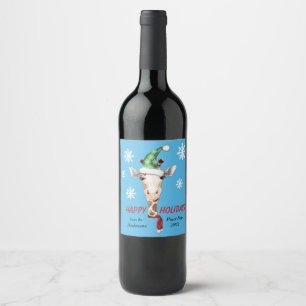 Santa Hat Giraffe Snowflake Wine Label