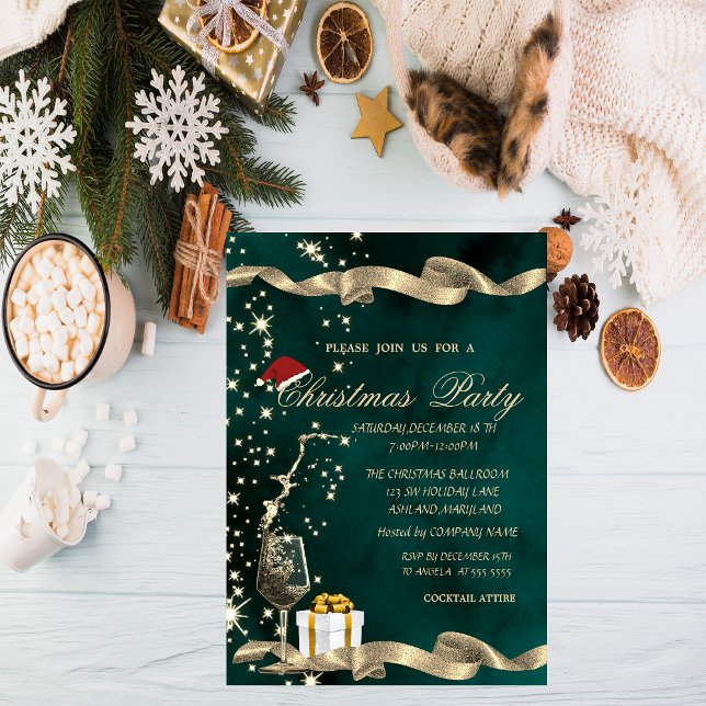 Santa Hat,Glass,Green Corporate Christmas  Invitation (Creator Uploaded)