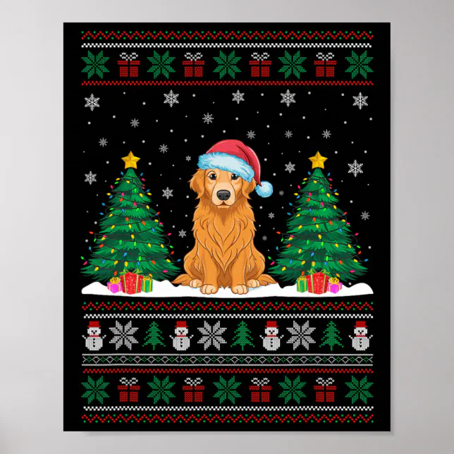 Santa Hat Golden Retriever Dog Xmas Tree Lights Ug Poster | Zazzle