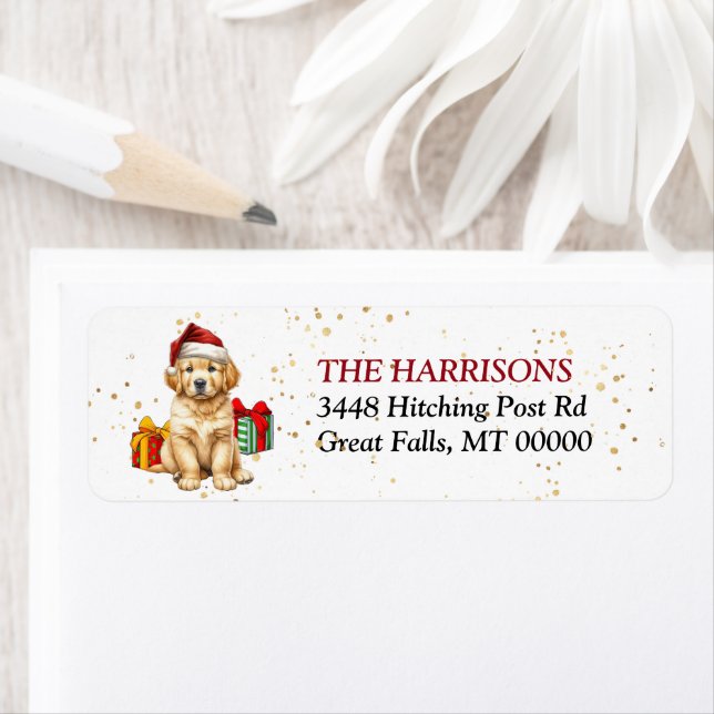 Santa Hat Golden Retriever Puppy Gifts Label (Insitu)