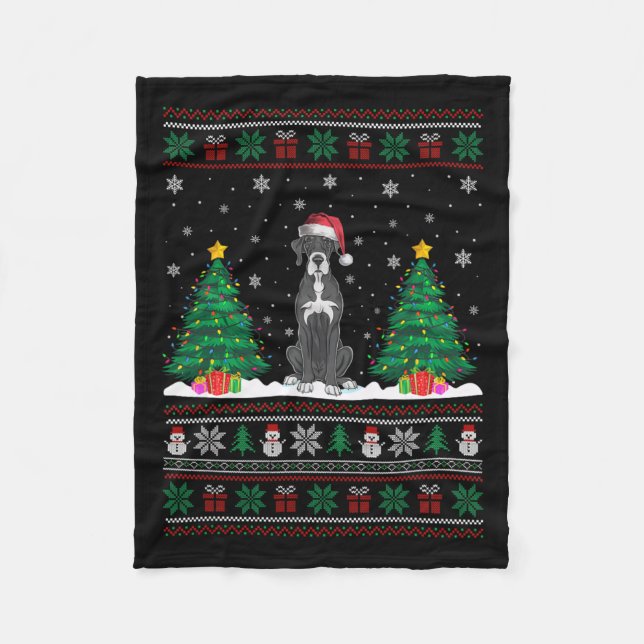 Santa Hat Great Dane Dog Christmas Tree Lights Ugl Fleece Blanket (Front)