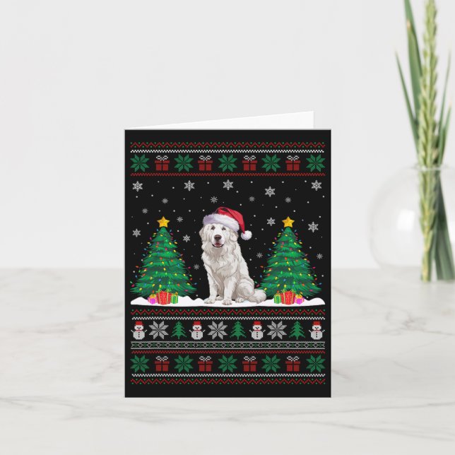 Santa Hat Great Pyrenees Dog Xmas Tree Lights Ugly Card (Front)
