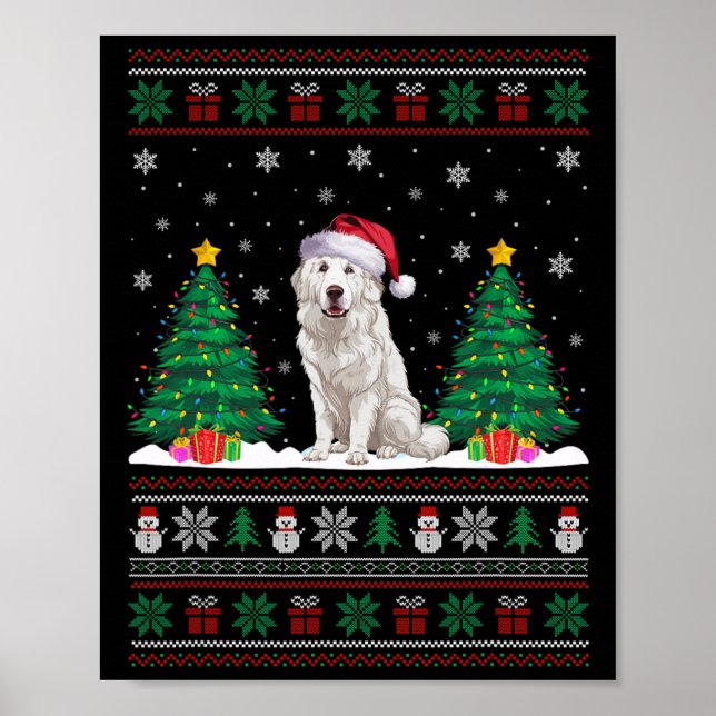 Santa Hat Great Pyrenees Dog Xmas Tree Lights Ugly Poster (Front)