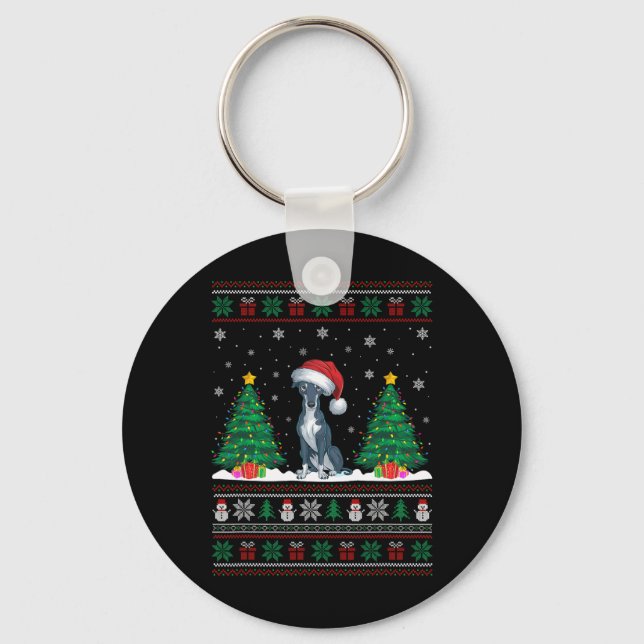 Santa Hat Greyhound Dog Christmas Tree Lights Ugly Keychain (Front)
