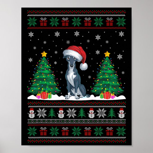 Santa Hat Greyhound Dog Christmas Tree Lights Ugly Poster (Front)