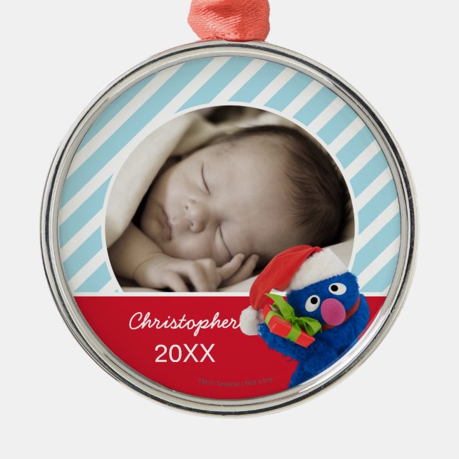 Santa Hat Grover | Add Your Name Metal Ornament (Front)