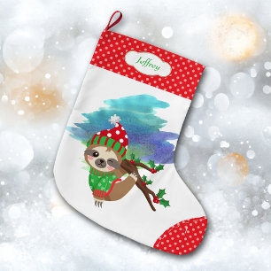 Santa Hat Happy Sloth Large Christmas Stocking