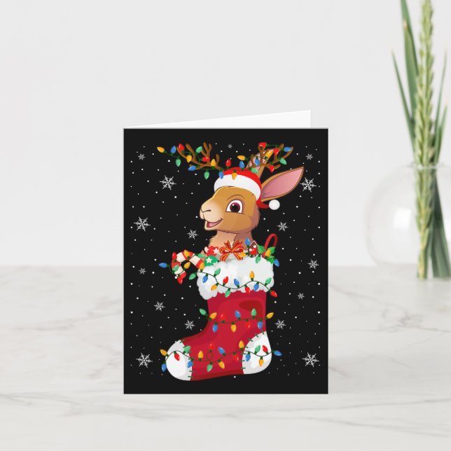 Santa Hat Hare Animal In Socks Xmas Tree Lights  Card (Front)