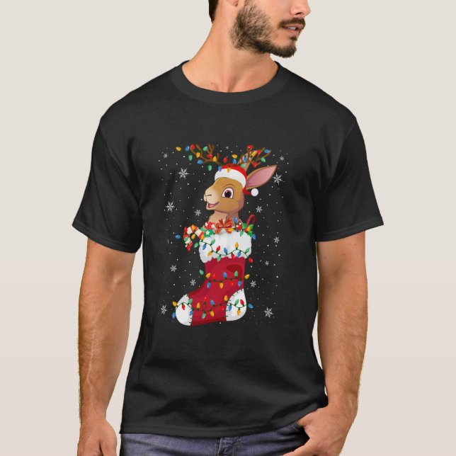 Santa Hat Hare Animal In Socks Xmas Tree Lights T-Shirt (Front)