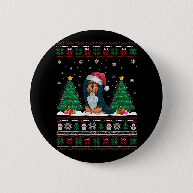 Santa Hat Havanese Dog Christmas Tree Lights Ugly  Button (Front)