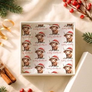 Santa Hat Highland Cow Script Merry Christmas Tissue Paper