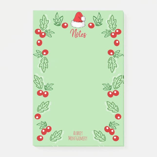 Santa Hat & Holly Berries | Personalized Post-it Notes (Front)