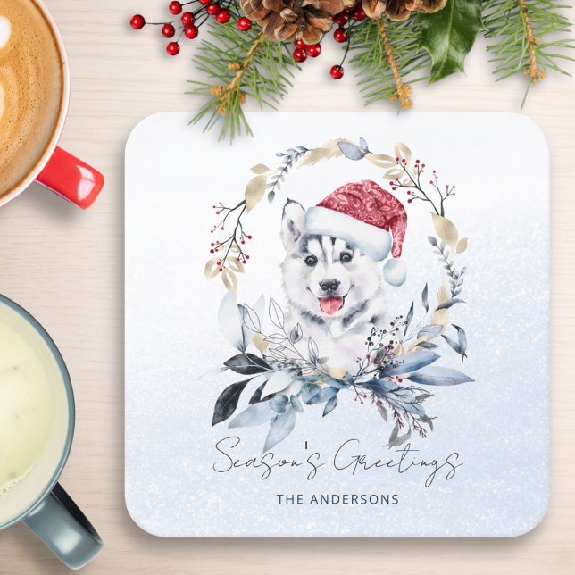 Santa Hat Husky Custom Christmas Square Paper Coaster (Creator Uploaded)