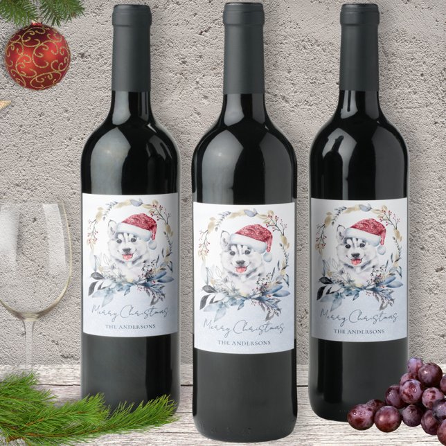 Santa Hat Husky Custom Christmas Wine Bottle Label (Creator Uploaded)