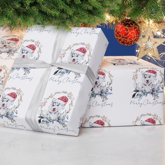 Santa Hat Husky Custom Dog Christmas Wrapping Paper (Creator Uploaded)