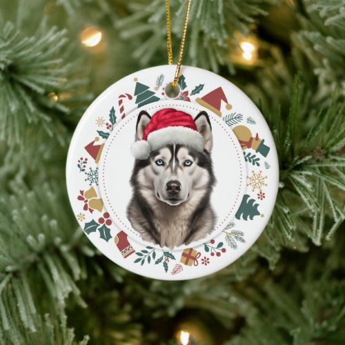 Santa Hat Husky Dog Christmas Images Wreath Ceramic Ornament