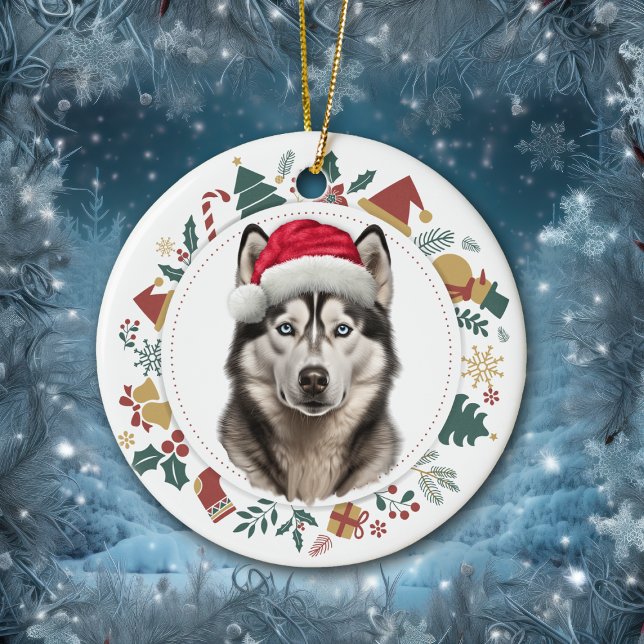 Santa Hat Husky Dog Christmas Images Wreath Ceramic Ornament (Creator Uploaded)