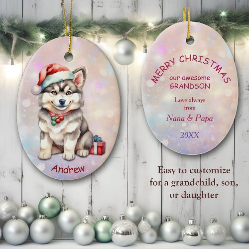 Santa Hat Husky Puppy Grandson Ceramic Ornament