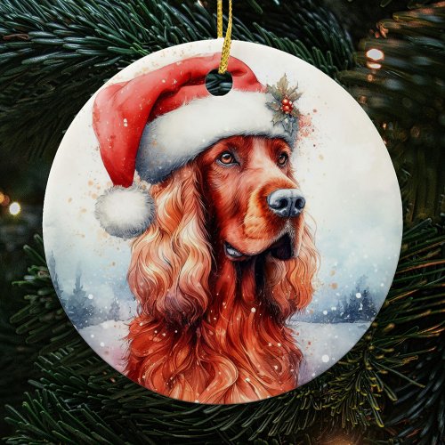 Santa Hat Irish Setter Dog Christmas Ceramic Ornament