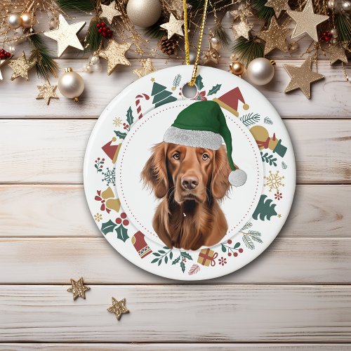 Santa Hat Irish Setter Holiday Images Wreath Ceramic Ornament