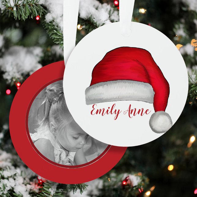 Santa Hat Kids Photo Personalized Christmas Metal Ornament (Personalized Santa hat Christmas ornament with child’s name and custom photo keepsake.)