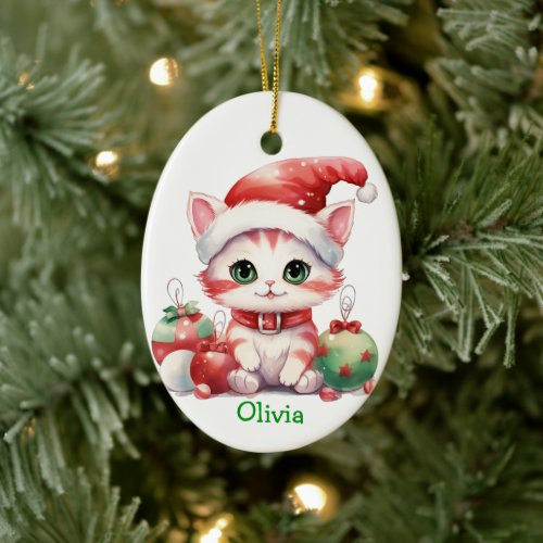 Santa Hat Kitten Kids Ceramic Ornament