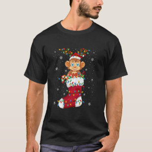 Santa Hat Monkey Animal In Socks Xmas Tree Lights T-Shirt