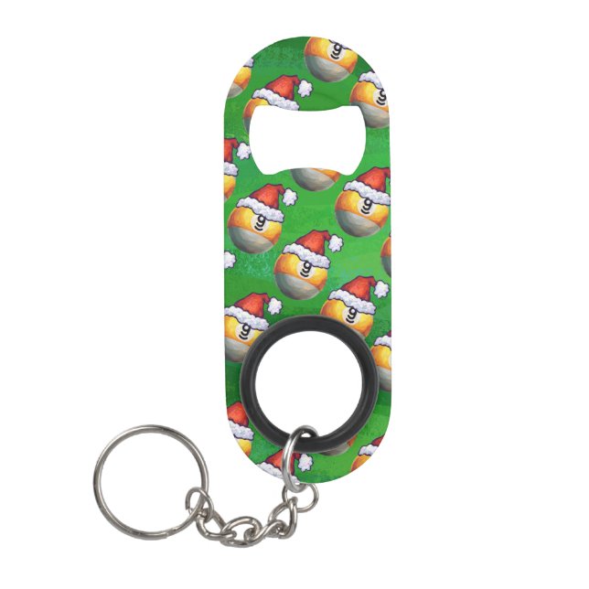 Santa Hat Nine Ball Pattern on Green Keychain Bottle Opener (Front)