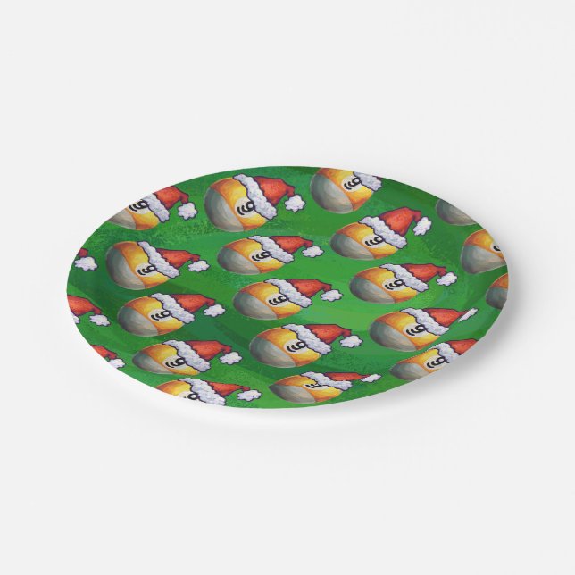 Santa Hat Nine Ball Pattern on Green Paper Plates (Angled)