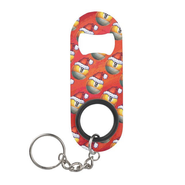 Santa Hat Nine Ball Pattern on Red Keychain Bottle Opener (Front)