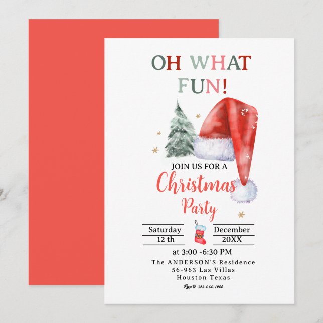Santa Hat Oh What Fun Christmas Party Invitation (Front/Back)