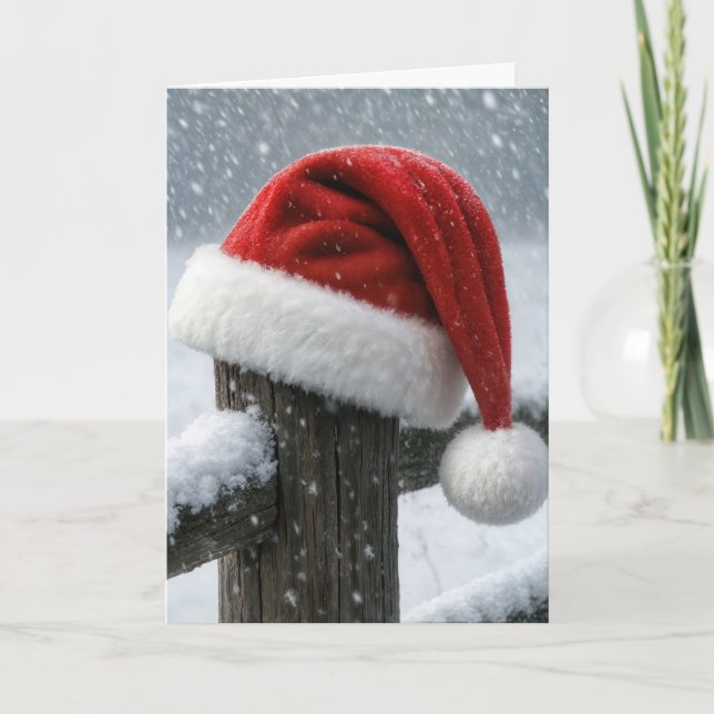 Santa Hat On a Snowy Fence Post Card (Front)