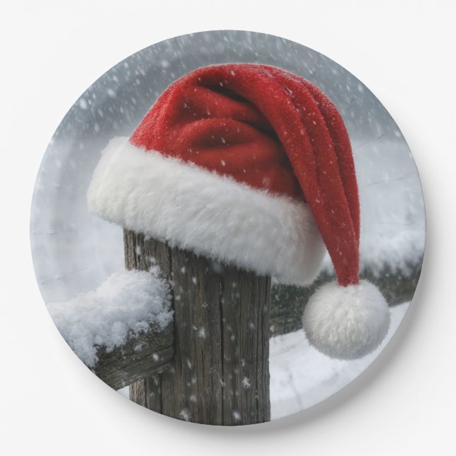 Santa Hat On a Snowy Fence Post Paper Plates (Front)