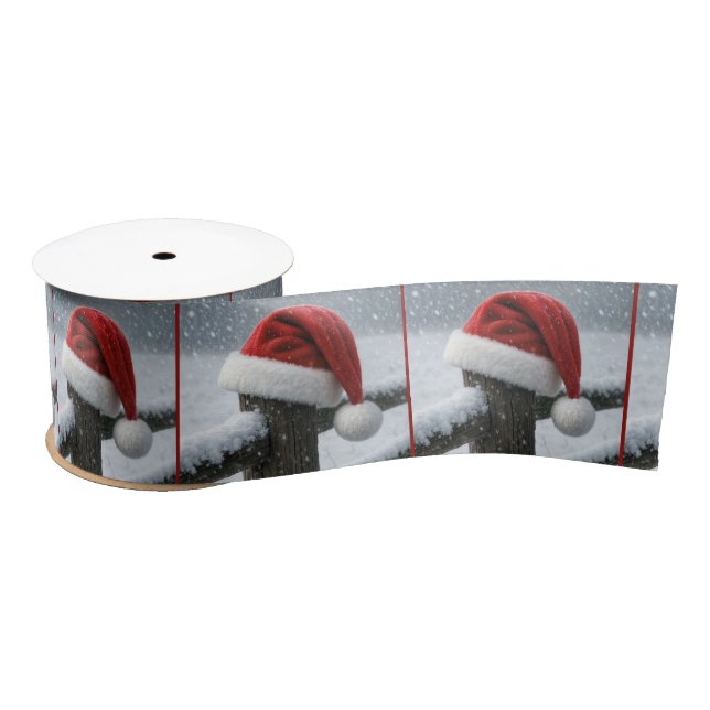 Santa Hat On a Snowy Fence Post Satin Ribbon (Spool)