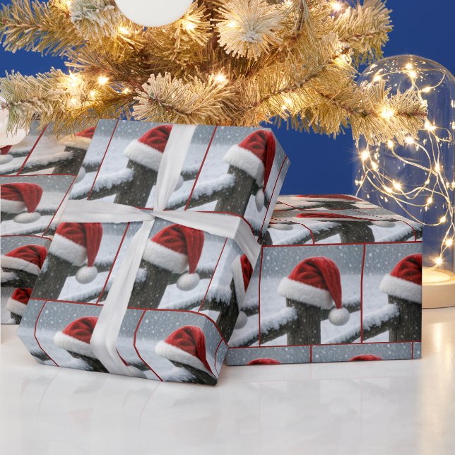 Santa Hat On a Snowy Fence Post Wrapping Paper (Holidays)