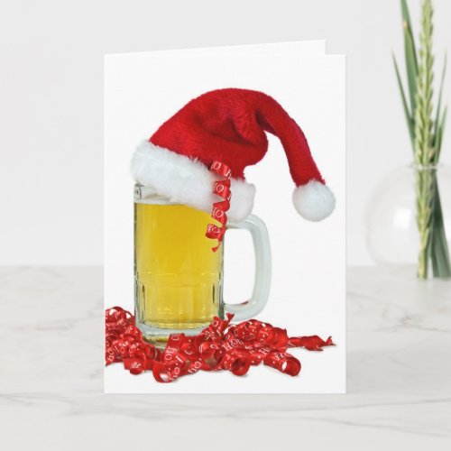 Santa Hat on Beer Mug  Holiday Card