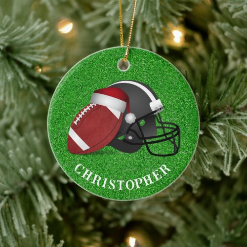 Santa Hat on  Football Christmas  Ceramic Ornament