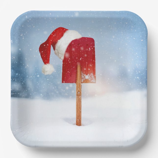 Santa Hat On Red Snow Shovel  Paper Plates (Front)