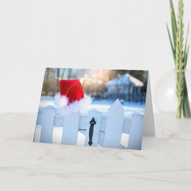 Santa Hat on White Picket Fence Card (Front)