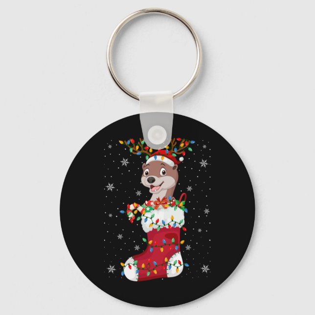 Santa Hat Otter Animal In Socks Xmas Tree Lights T Keychain (Front)