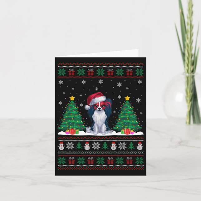Santa Hat Papillon Dog Christmas Tree Lights Ugly  Card (Front)
