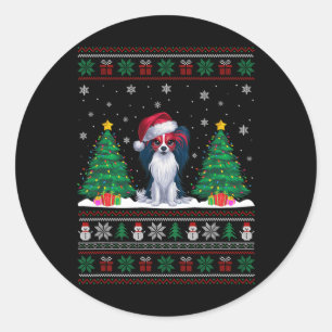 Santa Hat Papillon Dog Christmas Tree Lights Ugly  Classic Round Sticker