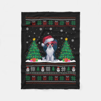 Santa Hat Papillon Dog Christmas Tree Lights Ugly Fleece Blanket