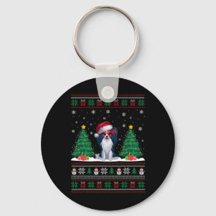 Santa Hat Papillon Dog Christmas Tree Lights Ugly  Keychain