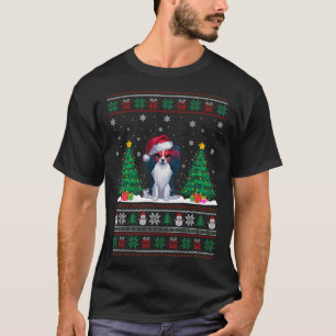 Santa Hat Papillon Dog Christmas Tree Lights Ugly  T-Shirt