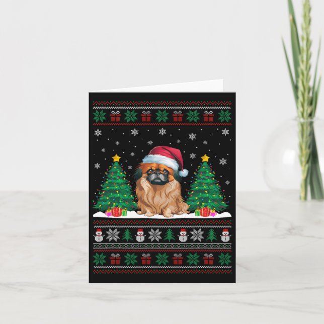 Santa Hat Pekingese Dog Christmas Tree Lights Ugly Card (Front)