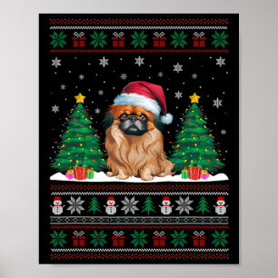 Santa Hat Pekingese Dog Christmas Tree Lights Ugly Poster