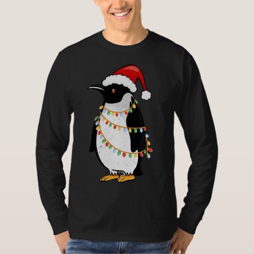 Santa Hat Penguin Christmas Lights Funny King Peng T_Shirt