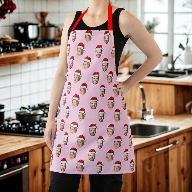 Santa Hat Personalized Face 2 Photo Christmas Gift Apron (Creator Uploaded)